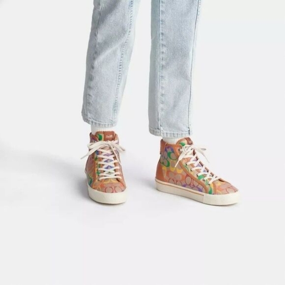 Coach Shoes - Coach CitySole High Top Platform Sneakers Rainbow Signature Canvas Pride Sz 6.5